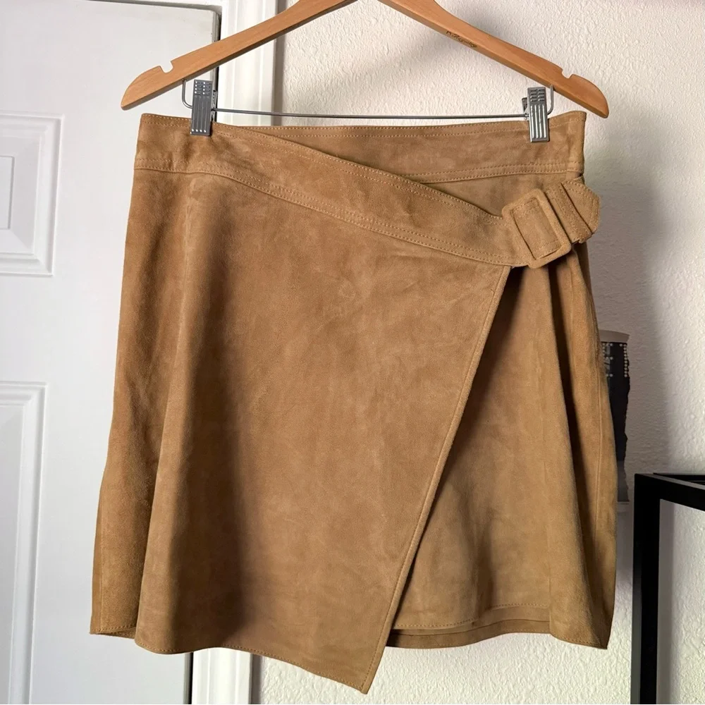 VINCE brown tan goat leather soft buckle detail mini skirt‎